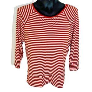 Coldwater Creek - Women's S Blouse Red, White Stripe 3/4 Sleeve Scoop Neck